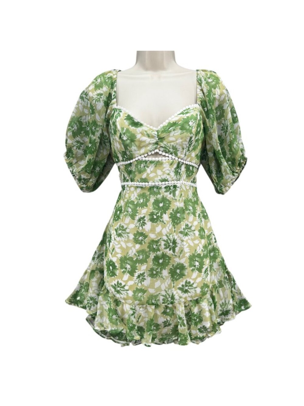 Hello Molly Drinking Games Mini Dress Green Floral Sweetheart Puff Sleeve Size 4